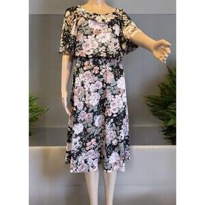 VTG 70s 80s Black Pink Floral Midi Dress Size 10 Butterfly Sleeve Elastic waist